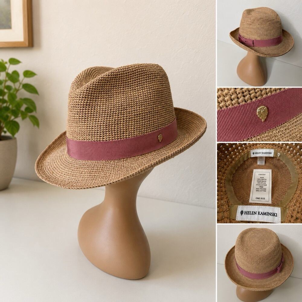 Helen Kaminski One Size Natural Raffia Fedora Hat Dusty Rose Grosgrain Band